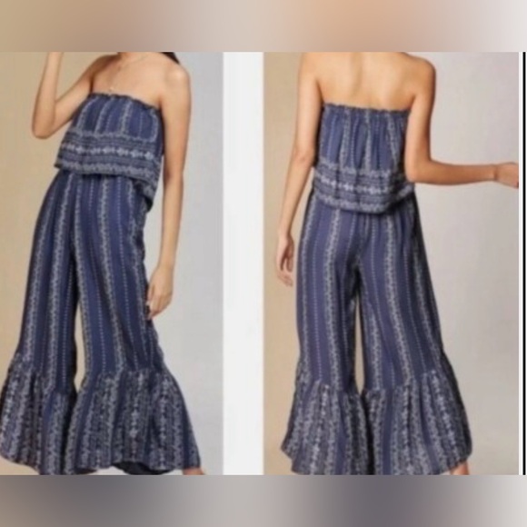 Japna Pants - Japna Romper Wide-Leg Rayon Blue & Ivory Flowy Ruffled Jumpsuit Size L